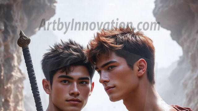 Hot & Sexy Male Warriors in Love. A painting of a young man and his partner just after a bloody battle. Embracing each other that they survived this terrible event. Insanely handsome, perfect cherub faces, detailed faces, of two warriors after a bloody battle, blooded and battle scared, holding a chrome & red blade, perfect detailed handsome faces, high cheekbones, rosy cheeks, strong jawlines, cute, intimate scene of 2boys in love, overwhelmed by emotion, they survived the battle together, embracing each other.