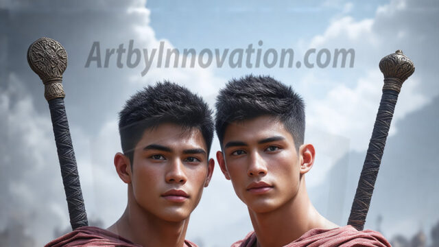 Hot & Sexy Male Warriors in Love. A painting of a young man and his partner just after a bloody battle. Embracing each other that they survived this terrible event. Insanely handsome, perfect cherub faces, detailed faces, of two warriors after a bloody battle, blooded and battle scared, holding a chrome & red blade, perfect detailed handsome faces, high cheekbones, rosy cheeks, strong jawlines, cute, intimate scene of 2boys in love, overwhelmed by emotion, they survived the battle together, embracing each other.