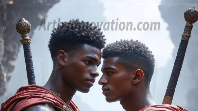 Hot & Sexy Male Warriors in Love. A painting of a young man and his partner just after a bloody battle. Embracing each other that they survived this terrible event. Insanely handsome, perfect cherub faces, detailed faces, of two warriors after a bloody battle, blooded and battle scared, holding a chrome & red blade, perfect detailed handsome faces, high cheekbones, rosy cheeks, strong jawlines, cute, intimate scene of 2boys in love, overwhelmed by emotion, they survived the battle together, embracing each other.