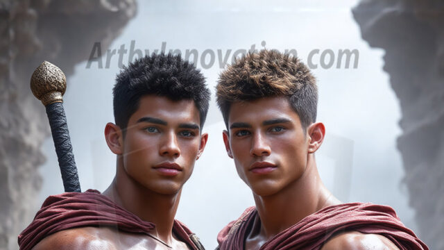 Hot & Sexy Male Warriors in Love. A painting of a young man and his partner just after a bloody battle. Embracing each other that they survived this terrible event. Insanely handsome, perfect cherub faces, detailed faces, of two warriors after a bloody battle, blooded and battle scared, holding a chrome & red blade, perfect detailed handsome faces, high cheekbones, rosy cheeks, strong jawlines, cute, intimate scene of 2boys in love, overwhelmed by emotion, they survived the battle together, embracing each other.