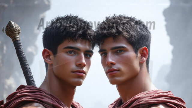 Hot & Sexy Male Warriors in Love. A painting of a young man and his partner just after a bloody battle. Embracing each other that they survived this terrible event. Insanely handsome, perfect cherub faces, detailed faces, of two warriors after a bloody battle, blooded and battle scared, holding a chrome & red blade, perfect detailed handsome faces, high cheekbones, rosy cheeks, strong jawlines, cute, intimate scene of 2boys in love, overwhelmed by emotion, they survived the battle together, embracing each other.