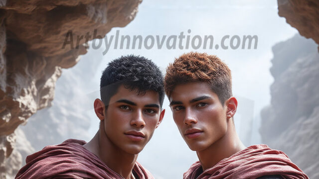 Hot & Sexy Male Warriors in Love. A painting of a young man and his partner just after a bloody battle. Embracing each other that they survived this terrible event. Insanely handsome, perfect cherub faces, detailed faces, of two warriors after a bloody battle, blooded and battle scared, holding a chrome & red blade, perfect detailed handsome faces, high cheekbones, rosy cheeks, strong jawlines, cute, intimate scene of 2boys in love, overwhelmed by emotion, they survived the battle together, embracing each other.