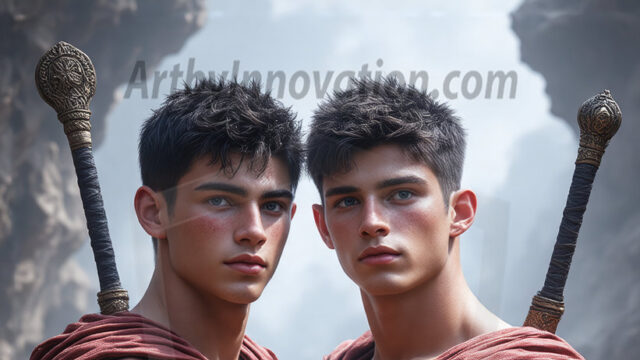 Hot & Sexy Male Warriors in Love. A painting of a young man and his partner just after a bloody battle. Embracing each other that they survived this terrible event. Insanely handsome, perfect cherub faces, detailed faces, of two warriors after a bloody battle, blooded and battle scared, holding a chrome & red blade, perfect detailed handsome faces, high cheekbones, rosy cheeks, strong jawlines, cute, intimate scene of 2boys in love, overwhelmed by emotion, they survived the battle together, embracing each other.