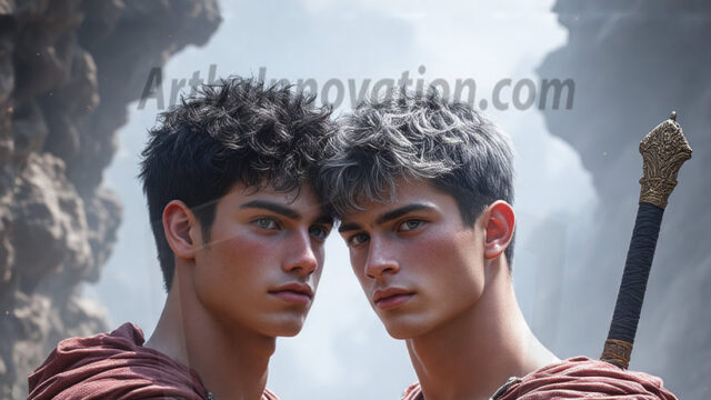 Hot & Sexy Male Warriors in Love. A painting of a young man and his partner just after a bloody battle. Embracing each other that they survived this terrible event. Insanely handsome, perfect cherub faces, detailed faces, of two warriors after a bloody battle, blooded and battle scared, holding a chrome & red blade, perfect detailed handsome faces, high cheekbones, rosy cheeks, strong jawlines, cute, intimate scene of 2boys in love, overwhelmed by emotion, they survived the battle together, embracing each other.