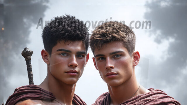 Hot & Sexy Male Warriors in Love. A painting of a young man and his partner just after a bloody battle. Embracing each other that they survived this terrible event. Insanely handsome, perfect cherub faces, detailed faces, of two warriors after a bloody battle, blooded and battle scared, holding a chrome & red blade, perfect detailed handsome faces, high cheekbones, rosy cheeks, strong jawlines, cute, intimate scene of 2boys in love, overwhelmed by emotion, they survived the battle together, embracing each other.