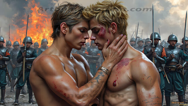 Hot & Sexy Male Warriors in Love. A painting of a young man and his partner just after a bloody battle. Embracing each other that they survived this terrible event. Insanely handsome, perfect cherub faces, detailed faces, of two warriors after a bloody battle, blooded and battle scared, holding a chrome & red blade, perfect detailed handsome faces, high cheekbones, rosy cheeks, strong jawlines, cute, intimate scene of 2boys in love, overwhelmed by emotion, they survived the battle together, embracing each other.