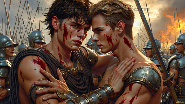 Hot & Sexy Male Warriors in Love. A painting of a young man and his partner just after a bloody battle. Embracing each other that they survived this terrible event. Insanely handsome, perfect cherub faces, detailed faces, of two warriors after a bloody battle, blooded and battle scared, holding a chrome & red blade, perfect detailed handsome faces, high cheekbones, rosy cheeks, strong jawlines, cute, intimate scene of 2boys in love, overwhelmed by emotion, they survived the battle together, embracing each other.