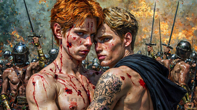 Hot & Sexy Male Warriors in Love. A painting of a young man and his partner just after a bloody battle. Embracing each other that they survived this terrible event. Insanely handsome, perfect cherub faces, detailed faces, of two warriors after a bloody battle, blooded and battle scared, holding a chrome & red blade, perfect detailed handsome faces, high cheekbones, rosy cheeks, strong jawlines, cute, intimate scene of 2boys in love, overwhelmed by emotion, they survived the battle together, embracing each other.