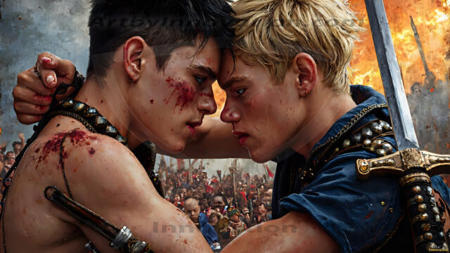 Hot & Sexy Male Warriors in Love. A painting of a young man and his partner just after a bloody battle. Embracing each other that they survived this terrible event. Insanely handsome, perfect cherub faces, detailed faces, of two warriors after a bloody battle, blooded and battle scared, holding a chrome & red blade, perfect detailed handsome faces, high cheekbones, rosy cheeks, strong jawlines, cute, intimate scene of 2boys in love, overwhelmed by emotion, they survived the battle together, embracing each other.
