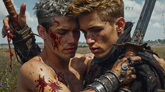 Hot & Sexy Male Warriors in Love. A painting of a young man and his partner just after a bloody battle. Embracing each other that they survived this terrible event. Insanely handsome, perfect cherub faces, detailed faces, of two warriors after a bloody battle, blooded and battle scared, holding a chrome & red blade, perfect detailed handsome faces, high cheekbones, rosy cheeks, strong jawlines, cute, intimate scene of 2boys in love, overwhelmed by emotion, they survived the battle together, embracing each other.