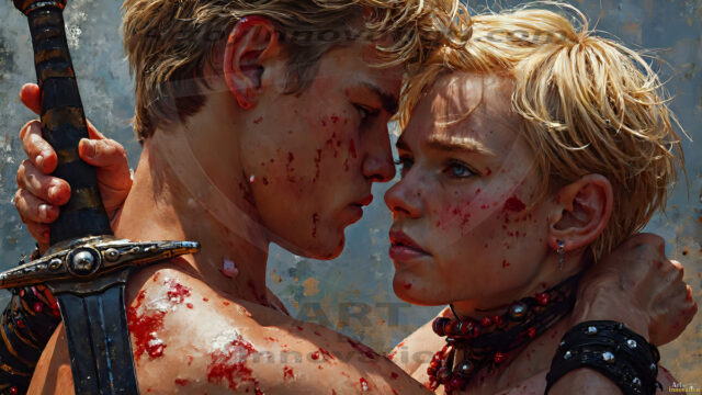 Hot & Sexy Male Warriors in Love. A painting of a young man and his partner just after a bloody battle. Embracing each other that they survived this terrible event. Insanely handsome, perfect cherub faces, detailed faces, of two warriors after a bloody battle, blooded and battle scared, holding a chrome & red blade, perfect detailed handsome faces, high cheekbones, rosy cheeks, strong jawlines, cute, intimate scene of 2boys in love, overwhelmed by emotion, they survived the battle together, embracing each other.
