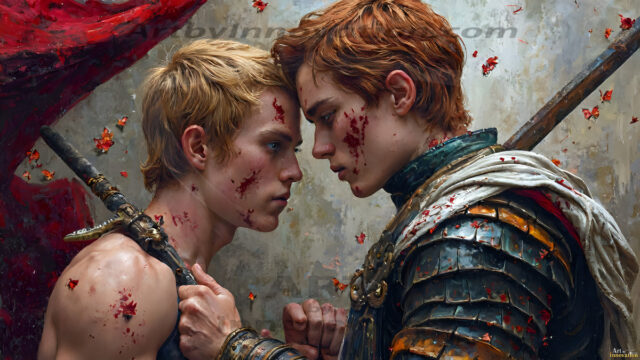 Hot & Sexy Male Warriors in Love. A painting of a young man and his partner just after a bloody battle. Embracing each other that they survived this terrible event. Insanely handsome, perfect cherub faces, detailed faces, of two warriors after a bloody battle, blooded and battle scared, holding a chrome & red blade, perfect detailed handsome faces, high cheekbones, rosy cheeks, strong jawlines, cute, intimate scene of 2boys in love, overwhelmed by emotion, they survived the battle together, embracing each other.