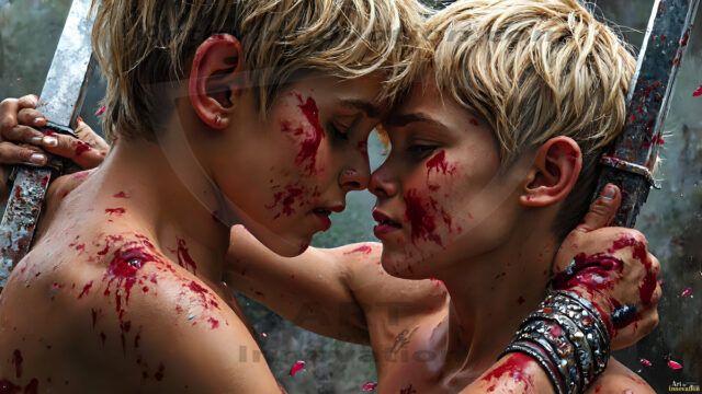 Hot & Sexy Male Warriors in Love. A painting of a young man and his partner just after a bloody battle. Embracing each other that they survived this terrible event. Insanely handsome, perfect cherub faces, detailed faces, of two warriors after a bloody battle, blooded and battle scared, holding a chrome & red blade, perfect detailed handsome faces, high cheekbones, rosy cheeks, strong jawlines, cute, intimate scene of 2boys in love, overwhelmed by emotion, they survived the battle together, embracing each other.