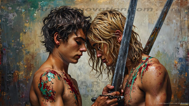 Hot & Sexy Male Warriors in Love. A painting of a young man and his partner just after a bloody battle. Embracing each other that they survived this terrible event. Insanely handsome, perfect cherub faces, detailed faces, of two warriors after a bloody battle, blooded and battle scared, holding a chrome & red blade, perfect detailed handsome faces, high cheekbones, rosy cheeks, strong jawlines, cute, intimate scene of 2boys in love, overwhelmed by emotion, they survived the battle together, embracing each other.