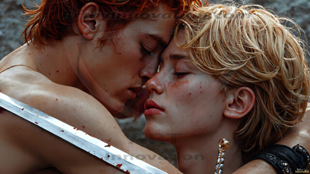 Hot & Sexy Male Warriors in Love. A painting of a young man and his partner just after a bloody battle. Embracing each other that they survived this terrible event. Insanely handsome, perfect cherub faces, detailed faces, of two warriors after a bloody battle, blooded and battle scared, holding a chrome & red blade, perfect detailed handsome faces, high cheekbones, rosy cheeks, strong jawlines, cute, intimate scene of 2boys in love, overwhelmed by emotion, they survived the battle together, embracing each other.