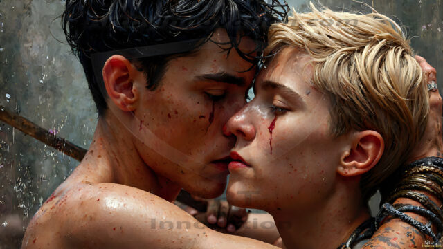 Hot & Sexy Male Warriors in Love. A painting of a young man and his partner just after a bloody battle. Embracing each other that they survived this terrible event. Insanely handsome, perfect cherub faces, detailed faces, of two warriors after a bloody battle, blooded and battle scared, holding a chrome & red blade, perfect detailed handsome faces, high cheekbones, rosy cheeks, strong jawlines, cute, intimate scene of 2boys in love, overwhelmed by emotion, they survived the battle together, embracing each other.