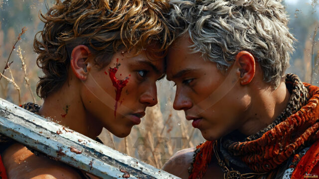 Hot & Sexy Male Warriors in Love. A painting of a young man and his partner just after a bloody battle. Embracing each other that they survived this terrible event. Insanely handsome, perfect cherub faces, detailed faces, of two warriors after a bloody battle, blooded and battle scared, holding a chrome & red blade, perfect detailed handsome faces, high cheekbones, rosy cheeks, strong jawlines, cute, intimate scene of 2boys in love, overwhelmed by emotion, they survived the battle together, embracing each other.