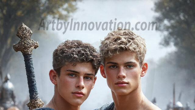 Hot & Sexy Male Warriors in Love. A painting of a young man and his partner just after a bloody battle. Embracing each other that they survived this terrible event. Insanely handsome, perfect cherub faces, detailed faces, of two warriors after a bloody battle, blooded and battle scared, holding a chrome & red blade, perfect detailed handsome faces, high cheekbones, rosy cheeks, strong jawlines, cute, intimate scene of 2boys in love, overwhelmed by emotion, they survived the battle together, embracing each other.