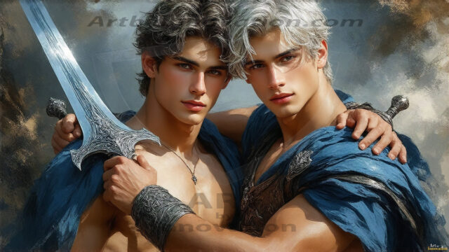 Hot & Sexy Male Warriors in Love. A painting of a young man and his partner just after a bloody battle. Embracing each other that they survived this terrible event. Insanely handsome, perfect cherub faces, detailed faces, of two warriors after a bloody battle, blooded and battle scared, holding a chrome & red blade, perfect detailed handsome faces, high cheekbones, rosy cheeks, strong jawlines, cute, intimate scene of 2boys in love, overwhelmed by emotion, they survived the battle together, embracing each other.