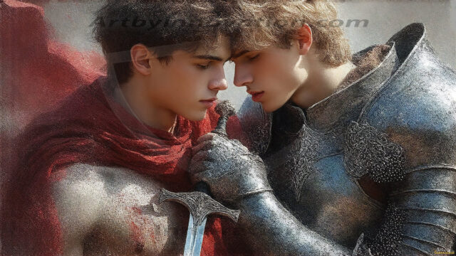 Hot & Sexy Male Warriors in Love. A painting of a young man and his partner just after a bloody battle. Embracing each other that they survived this terrible event. Insanely handsome, perfect cherub faces, detailed faces, of two warriors after a bloody battle, blooded and battle scared, holding a chrome & red blade, perfect detailed handsome faces, high cheekbones, rosy cheeks, strong jawlines, cute, intimate scene of 2boys in love, overwhelmed by emotion, they survived the battle together, embracing each other.