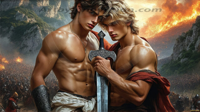 Hot & Sexy Male Warriors in Love. A painting of a young man and his partner just after a bloody battle. Embracing each other that they survived this terrible event. Insanely handsome, perfect cherub faces, detailed faces, of two warriors after a bloody battle, blooded and battle scared, holding a chrome & red blade, perfect detailed handsome faces, high cheekbones, rosy cheeks, strong jawlines, cute, intimate scene of 2boys in love, overwhelmed by emotion, they survived the battle together, embracing each other.