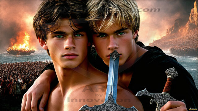 Hot & Sexy Male Warriors in Love. A painting of a young man and his partner just after a bloody battle. Embracing each other that they survived this terrible event. Insanely handsome, perfect cherub faces, detailed faces, of two warriors after a bloody battle, blooded and battle scared, holding a chrome & red blade, perfect detailed handsome faces, high cheekbones, rosy cheeks, strong jawlines, cute, intimate scene of 2boys in love, overwhelmed by emotion, they survived the battle together, embracing each other.