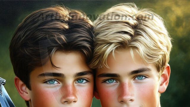 Hot & Sexy Male Warriors in Love. A painting of a young man and his partner just after a bloody battle. Embracing each other that they survived this terrible event. Insanely handsome, perfect cherub faces, detailed faces, of two warriors after a bloody battle, blooded and battle scared, holding a chrome & red blade, perfect detailed handsome faces, high cheekbones, rosy cheeks, strong jawlines, cute, intimate scene of 2boys in love, overwhelmed by emotion, they survived the battle together, embracing each other.