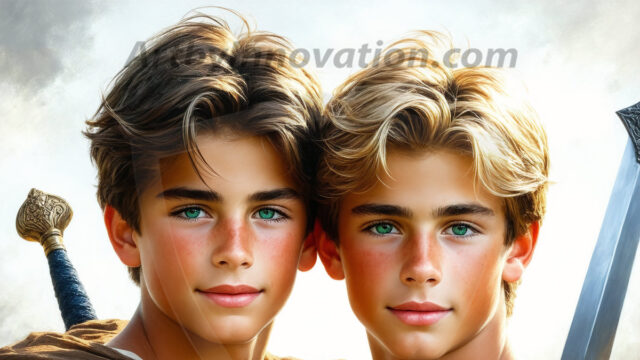 Hot & Sexy Male Warriors in Love. A painting of a young man and his partner just after a bloody battle. Embracing each other that they survived this terrible event. Insanely handsome, perfect cherub faces, detailed faces, of two warriors after a bloody battle, blooded and battle scared, holding a chrome & red blade, perfect detailed handsome faces, high cheekbones, rosy cheeks, strong jawlines, cute, intimate scene of 2boys in love, overwhelmed by emotion, they survived the battle together, embracing each other.