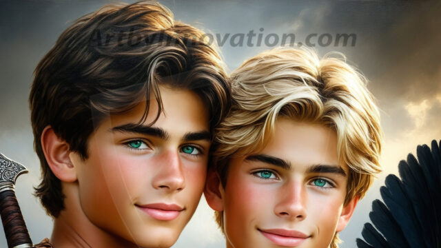 Hot & Sexy Male Warriors in Love. A painting of a young man and his partner just after a bloody battle. Embracing each other that they survived this terrible event. Insanely handsome, perfect cherub faces, detailed faces, of two warriors after a bloody battle, blooded and battle scared, holding a chrome & red blade, perfect detailed handsome faces, high cheekbones, rosy cheeks, strong jawlines, cute, intimate scene of 2boys in love, overwhelmed by emotion, they survived the battle together, embracing each other.