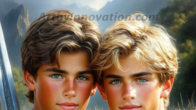 Hot & Sexy Male Warriors in Love. A painting of a young man and his partner just after a bloody battle. Embracing each other that they survived this terrible event. Insanely handsome, perfect cherub faces, detailed faces, of two warriors after a bloody battle, blooded and battle scared, holding a chrome & red blade, perfect detailed handsome faces, high cheekbones, rosy cheeks, strong jawlines, cute, intimate scene of 2boys in love, overwhelmed by emotion, they survived the battle together, embracing each other.