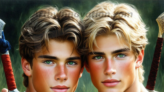 Hot & Sexy Male Warriors in Love. A painting of a young man and his partner just after a bloody battle. Embracing each other that they survived this terrible event. Insanely handsome, perfect cherub faces, detailed faces, of two warriors after a bloody battle, blooded and battle scared, holding a chrome & red blade, perfect detailed handsome faces, high cheekbones, rosy cheeks, strong jawlines, cute, intimate scene of 2boys in love, overwhelmed by emotion, they survived the battle together, embracing each other.