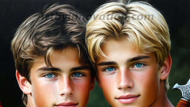 Hot & Sexy Male Warriors in Love. A painting of a young man and his partner just after a bloody battle. Embracing each other that they survived this terrible event. Insanely handsome, perfect cherub faces, detailed faces, of two warriors after a bloody battle, blooded and battle scared, holding a chrome & red blade, perfect detailed handsome faces, high cheekbones, rosy cheeks, strong jawlines, cute, intimate scene of 2boys in love, overwhelmed by emotion, they survived the battle together, embracing each other.