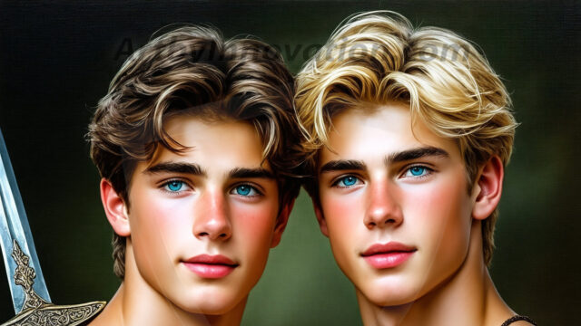 Hot & Sexy Male Warriors in Love. A painting of a young man and his partner just after a bloody battle. Embracing each other that they survived this terrible event. Insanely handsome, perfect cherub faces, detailed faces, of two warriors after a bloody battle, blooded and battle scared, holding a chrome & red blade, perfect detailed handsome faces, high cheekbones, rosy cheeks, strong jawlines, cute, intimate scene of 2boys in love, overwhelmed by emotion, they survived the battle together, embracing each other.