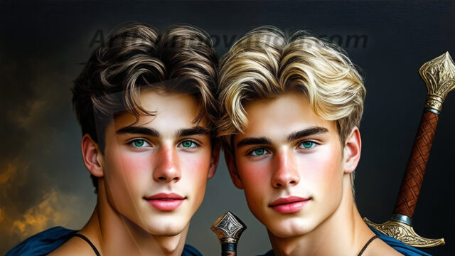 Hot & Sexy Male Warriors in Love. A painting of a young man and his partner just after a bloody battle. Embracing each other that they survived this terrible event. Insanely handsome, perfect cherub faces, detailed faces, of two warriors after a bloody battle, blooded and battle scared, holding a chrome & red blade, perfect detailed handsome faces, high cheekbones, rosy cheeks, strong jawlines, cute, intimate scene of 2boys in love, overwhelmed by emotion, they survived the battle together, embracing each other.