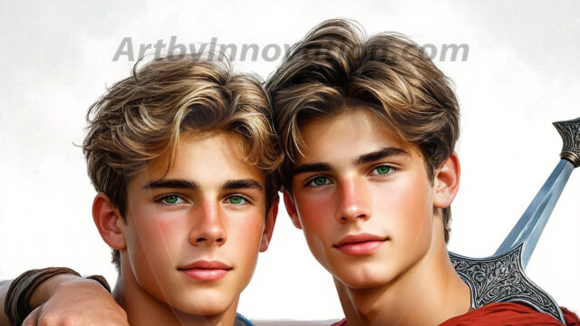 Hot & Sexy Male Warriors in Love. A painting of a young man and his partner just after a bloody battle. Embracing each other that they survived this terrible event. Insanely handsome, perfect cherub faces, detailed faces, of two warriors after a bloody battle, blooded and battle scared, holding a chrome & red blade, perfect detailed handsome faces, high cheekbones, rosy cheeks, strong jawlines, cute, intimate scene of 2boys in love, overwhelmed by emotion, they survived the battle together, embracing each other.