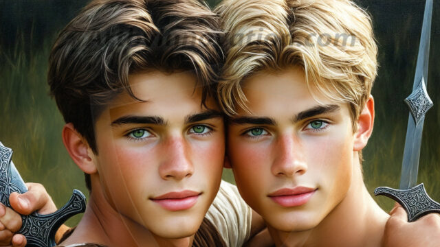 Hot & Sexy Male Warriors in Love. A painting of a young man and his partner just after a bloody battle. Embracing each other that they survived this terrible event. Insanely handsome, perfect cherub faces, detailed faces, of two warriors after a bloody battle, blooded and battle scared, holding a chrome & red blade, perfect detailed handsome faces, high cheekbones, rosy cheeks, strong jawlines, cute, intimate scene of 2boys in love, overwhelmed by emotion, they survived the battle together, embracing each other.