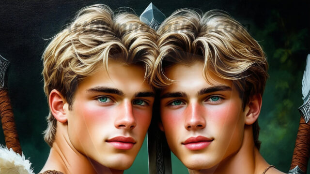 Hot & Sexy Male Warriors in Love. A painting of a young man and his partner just after a bloody battle. Embracing each other that they survived this terrible event. Insanely handsome, perfect cherub faces, detailed faces, of two warriors after a bloody battle, blooded and battle scared, holding a chrome & red blade, perfect detailed handsome faces, high cheekbones, rosy cheeks, strong jawlines, cute, intimate scene of 2boys in love, overwhelmed by emotion, they survived the battle together, embracing each other.