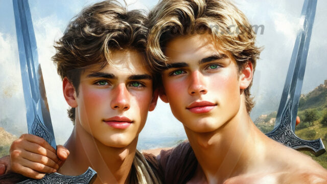 Hot & Sexy Male Warriors in Love. A painting of a young man and his partner just after a bloody battle. Embracing each other that they survived this terrible event. Insanely handsome, perfect cherub faces, detailed faces, of two warriors after a bloody battle, blooded and battle scared, holding a chrome & red blade, perfect detailed handsome faces, high cheekbones, rosy cheeks, strong jawlines, cute, intimate scene of 2boys in love, overwhelmed by emotion, they survived the battle together, embracing each other.