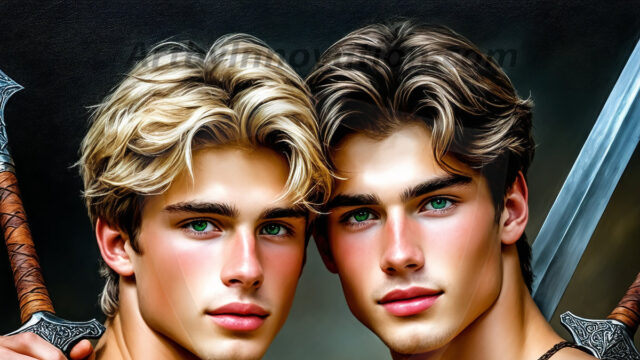 Hot & Sexy Male Warriors in Love. A painting of a young man and his partner just after a bloody battle. Embracing each other that they survived this terrible event. Insanely handsome, perfect cherub faces, detailed faces, of two warriors after a bloody battle, blooded and battle scared, holding a chrome & red blade, perfect detailed handsome faces, high cheekbones, rosy cheeks, strong jawlines, cute, intimate scene of 2boys in love, overwhelmed by emotion, they survived the battle together, embracing each other.