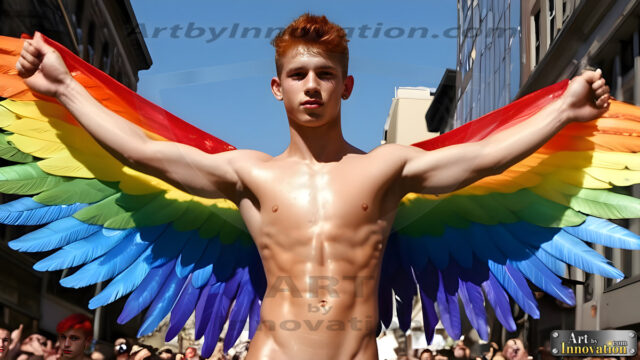 Gay Men Wearing Feathered wings, embellished with the vibrant rainbow palette inspired by the gay pride flag, offering a striking visual impact. A charismatic figure with a prominent jawline, bright white teeth, and adorned with a necklace and earrings, strikes a dynamic pose.