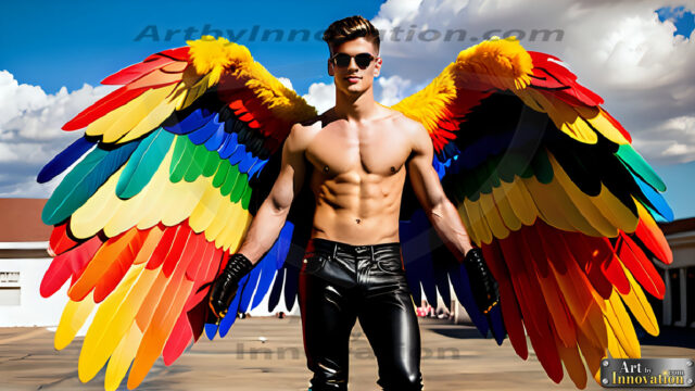 Gay Men Wearing Feathered wings, embellished with the vibrant rainbow palette inspired by the gay pride flag, offering a striking visual impact. A charismatic figure with a prominent jawline, bright white teeth, and adorned with a necklace and earrings, strikes a dynamic pose.