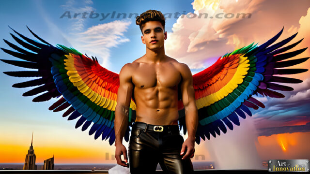 Gay Men Wearing Feathered wings, embellished with the vibrant rainbow palette inspired by the gay pride flag, offering a striking visual impact. A charismatic figure with a prominent jawline, bright white teeth, and adorned with a necklace and earrings, strikes a dynamic pose.