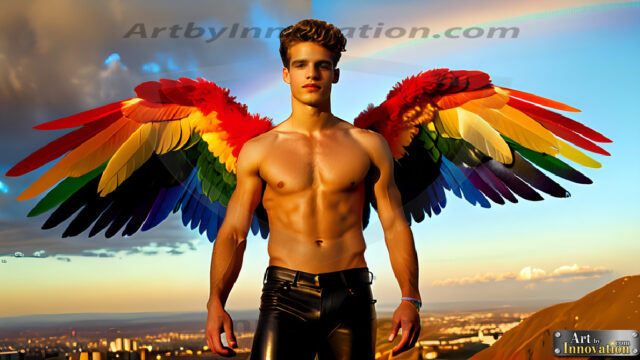 Gay Men Wearing Feathered wings, embellished with the vibrant rainbow palette inspired by the gay pride flag, offering a striking visual impact. A charismatic figure with a prominent jawline, bright white teeth, and adorned with a necklace and earrings, strikes a dynamic pose.