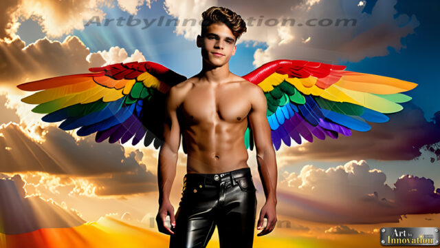 Gay Men Wearing Feathered wings, embellished with the vibrant rainbow palette inspired by the gay pride flag, offering a striking visual impact. A charismatic figure with a prominent jawline, bright white teeth, and adorned with a necklace and earrings, strikes a dynamic pose.