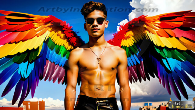 Gay Men Wearing Feathered wings, embellished with the vibrant rainbow palette inspired by the gay pride flag, offering a striking visual impact. A charismatic figure with a prominent jawline, bright white teeth, and adorned with a necklace and earrings, strikes a dynamic pose.