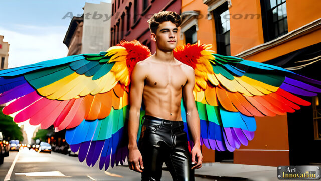 Gay Men Wearing Feathered wings, embellished with the vibrant rainbow palette inspired by the gay pride flag, offering a striking visual impact. A charismatic figure with a prominent jawline, bright white teeth, and adorned with a necklace and earrings, strikes a dynamic pose.