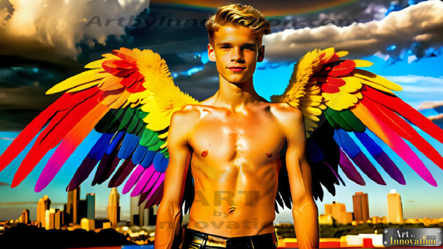 Gay Men Wearing Feathered wings, embellished with the vibrant rainbow palette inspired by the gay pride flag, offering a striking visual impact. A charismatic figure with a prominent jawline, bright white teeth, and adorned with a necklace and earrings, strikes a dynamic pose.