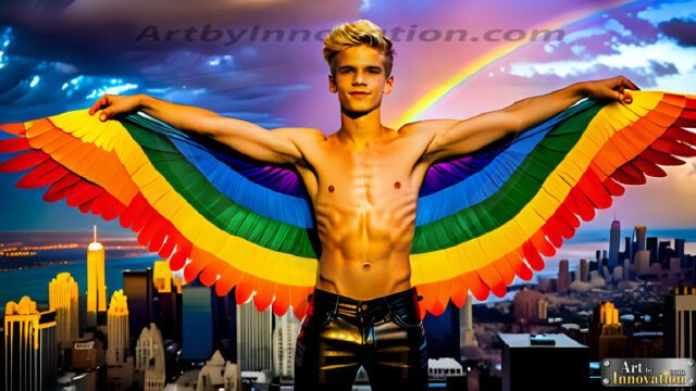 Gay Men Wearing Feathered wings, embellished with the vibrant rainbow palette inspired by the gay pride flag, offering a striking visual impact. A charismatic figure with a prominent jawline, bright white teeth, and adorned with a necklace and earrings, strikes a dynamic pose.