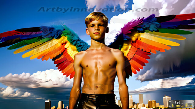 Gay Men Wearing Feathered wings, embellished with the vibrant rainbow palette inspired by the gay pride flag, offering a striking visual impact. A charismatic figure with a prominent jawline, bright white teeth, and adorned with a necklace and earrings, strikes a dynamic pose.