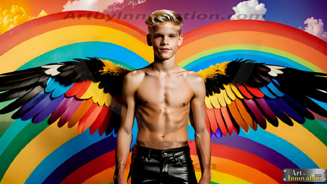 Gay Men Wearing Feathered wings, embellished with the vibrant rainbow palette inspired by the gay pride flag, offering a striking visual impact. A charismatic figure with a prominent jawline, bright white teeth, and adorned with a necklace and earrings, strikes a dynamic pose.